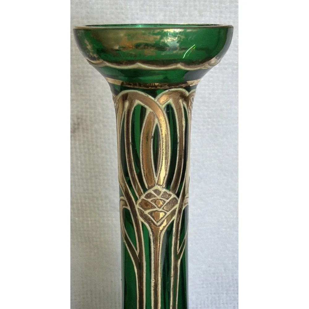 Vtg Art Nouveau Jugendstil Gold Gilded Green Satin Glass Vases 2 Ea Circa 1900s‎
